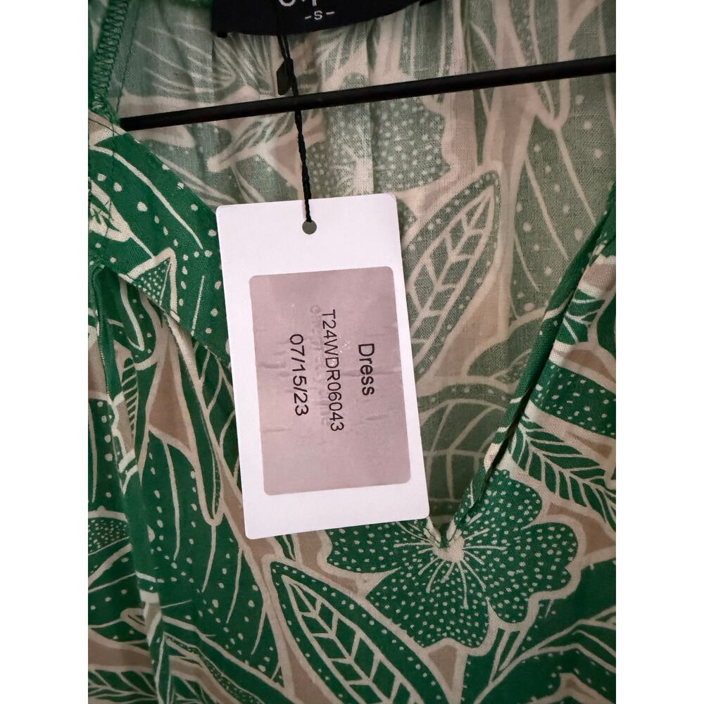 $160 New O.P.T green & tan linen blend dress floral sz Small midi long sleeve - Picture 4 of 5